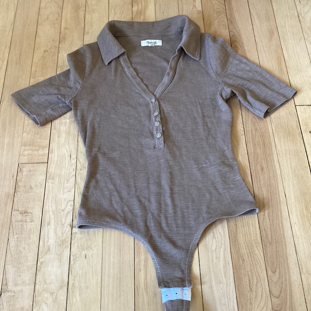 Madewell, size small, light brown, collared bodysuit.